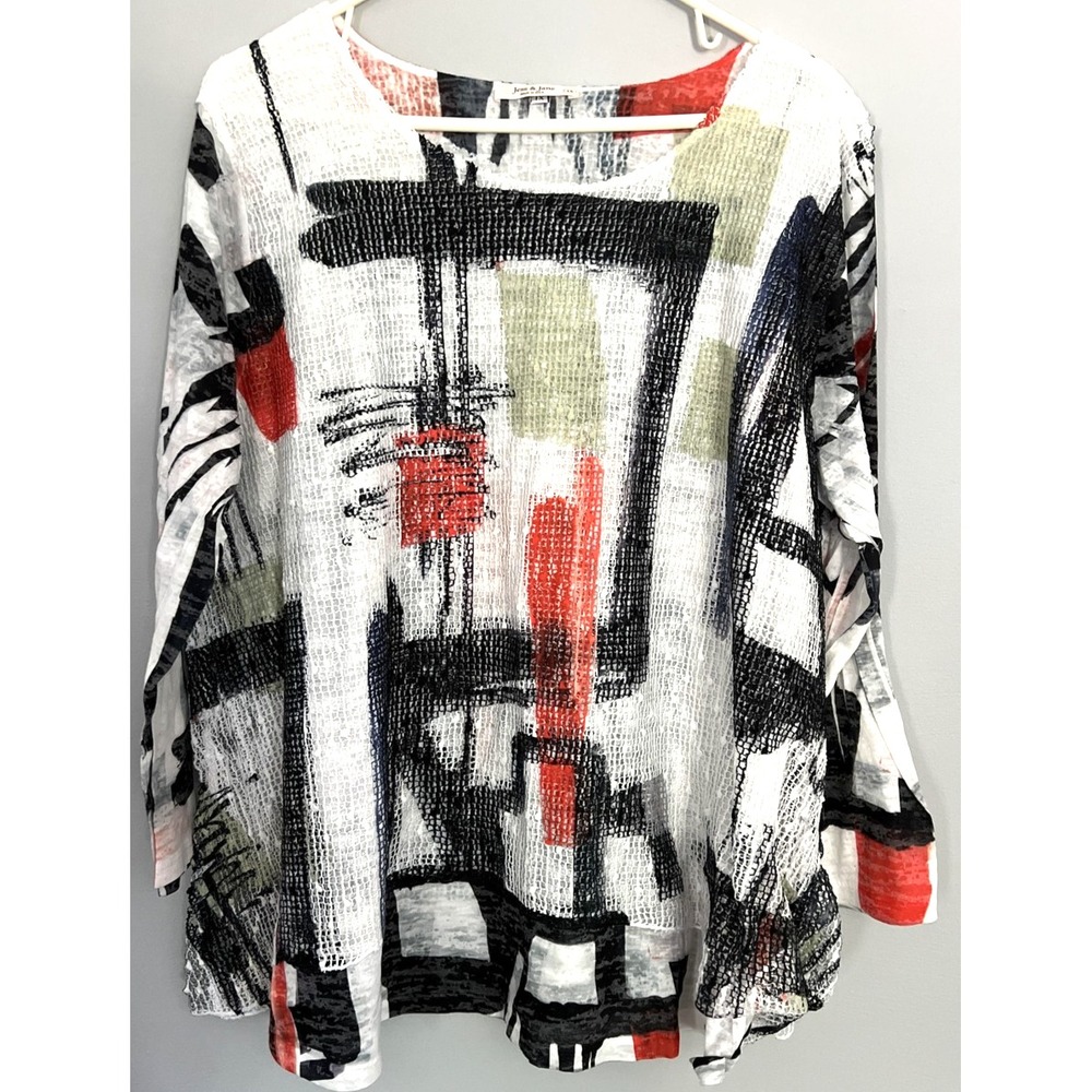 Jess & Jane Blouse Womens 1X Abstract Crinkle Knit Sharkbite Hem 3/4 Sleeve USA‎